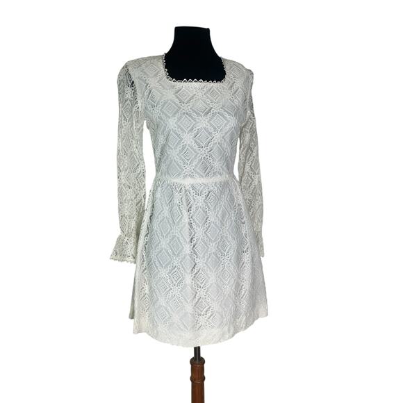 Vintage 70s White Lace Mini Dress Long Sleeve Boho Bridal Cottagecore XS-S - Picture 2 of 7